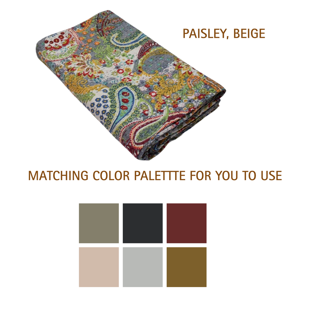 Folded Kantha Blanket in beige paisley pattern with accompanying matching color palette swatches.