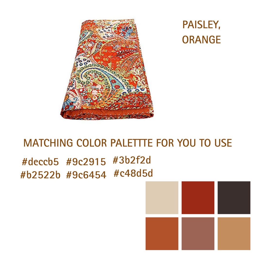 Orange paisley cotton Kantha blanket quilt, handmade lightweight breathable quilt with traditional Kantha stitching.