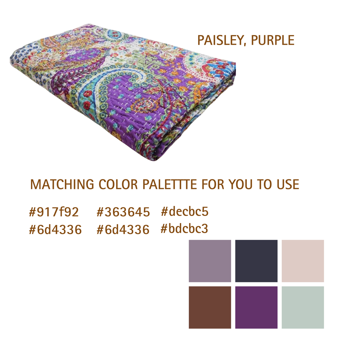 Kantha Blanket with vibrant purple paisley pattern, hand-stitched cotton quilt, lightweight and reversible bedcover.
