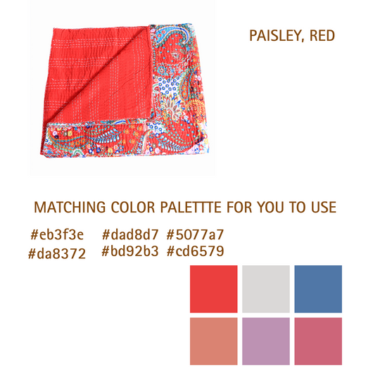 Handmade red paisley Kantha blanket with intricate embroidery and solid backing, lightweight 100% cotton quilt from India.