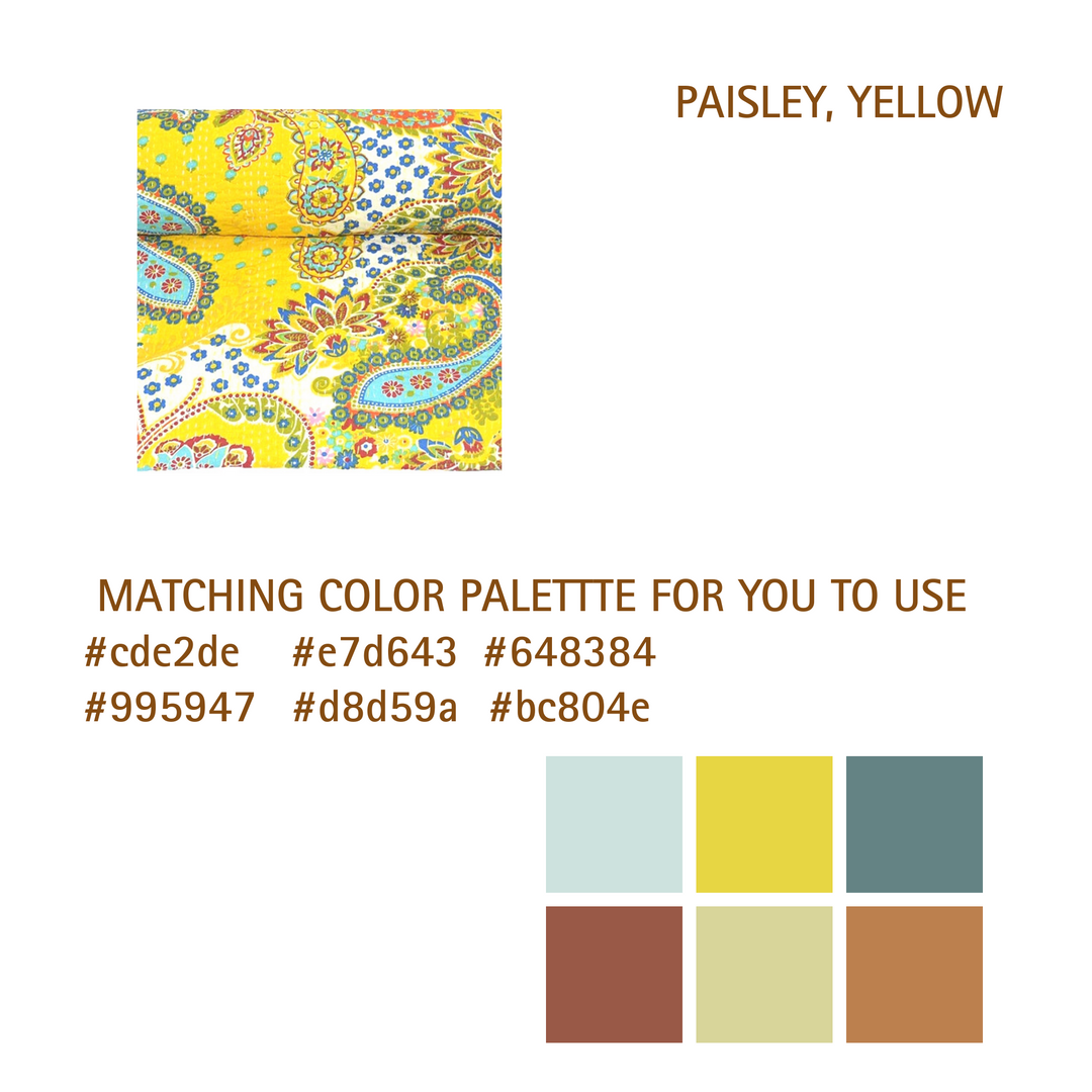 Yellow paisley kantha blanket with intricate hand-stitched cotton voile quilting, lightweight and reversible with solid backing.