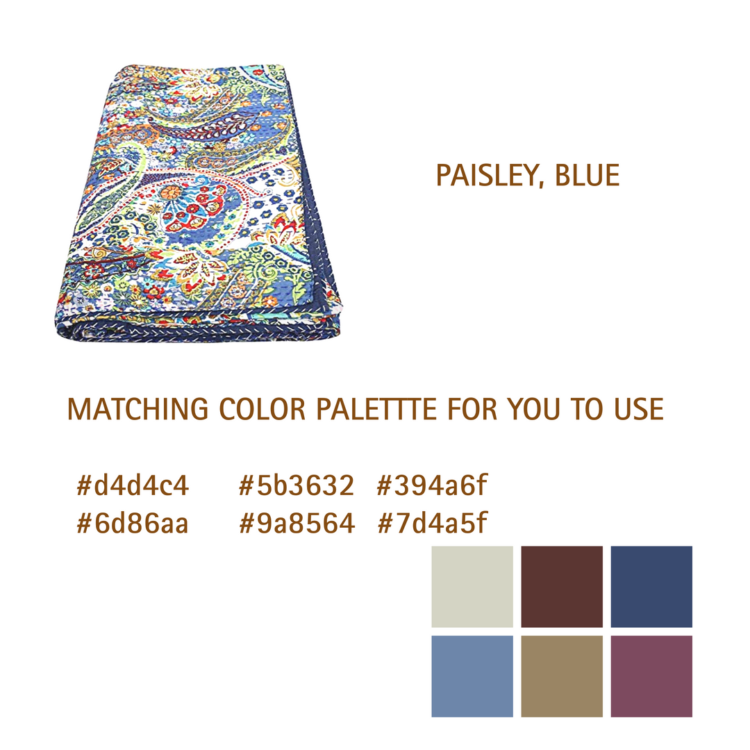 Blue paisley Kantha blanket folded, 100% cotton hand-stitched quilt with eco-friendly, lightweight layers.