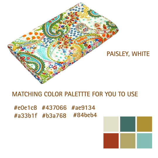 Kantha Blanket Paisley white cotton voile quilt with colorful hand-stitched paisley pattern and matching color palette