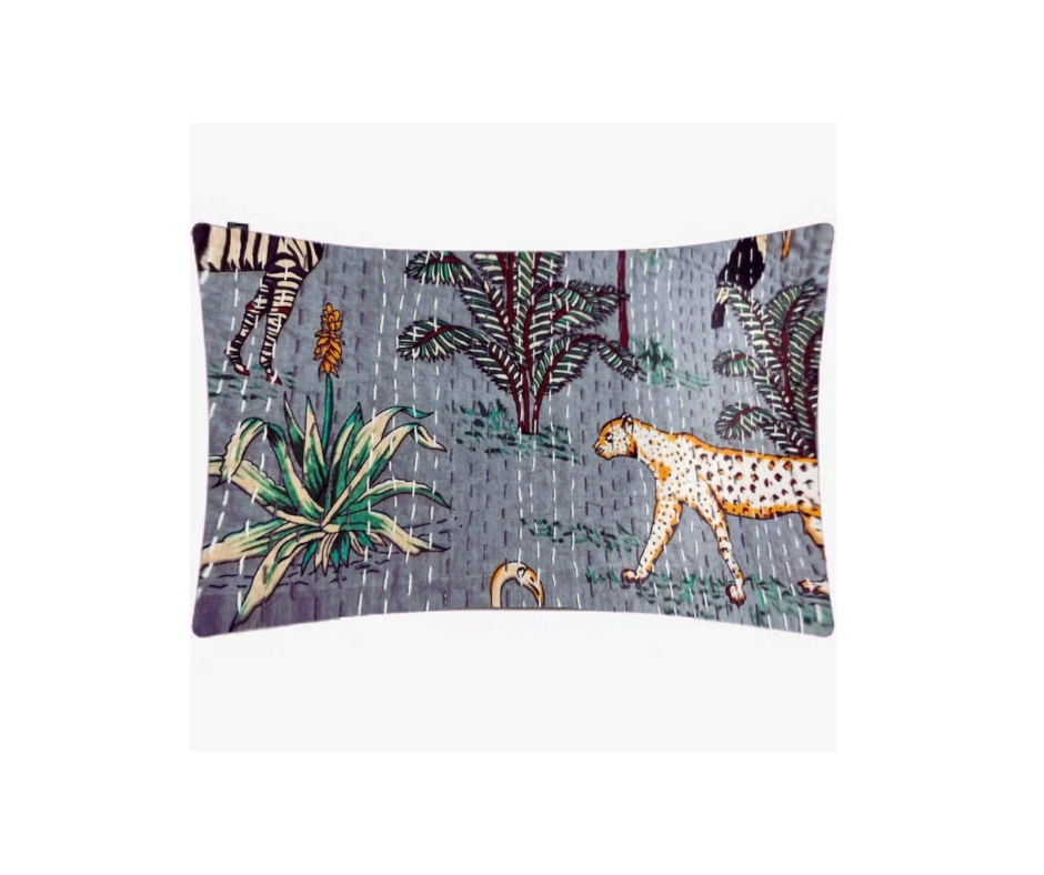 Kantha blanket pillow sham with hand-stitched safari animal and foliage design on cotton voile fabric