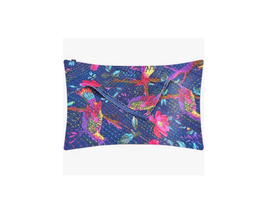 Colorful Kantha Blanket with Bird of Paradise design, hand-stitched cotton quilt from India, lightweight and breathable with floral and animal patterns.