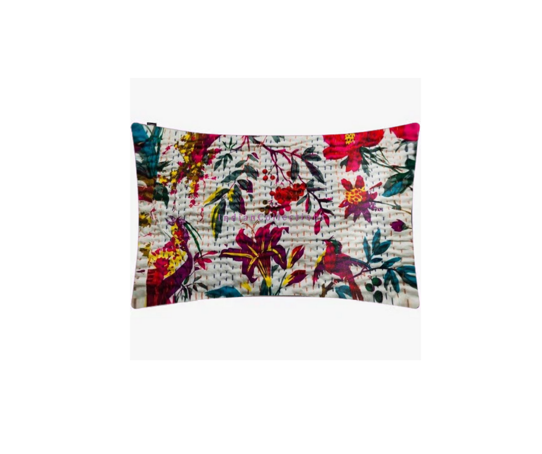 Kantha Blanket Bird of Paradise with vibrant floral and bird print, hand-stitched cotton quilt, lightweight and eco-friendly.