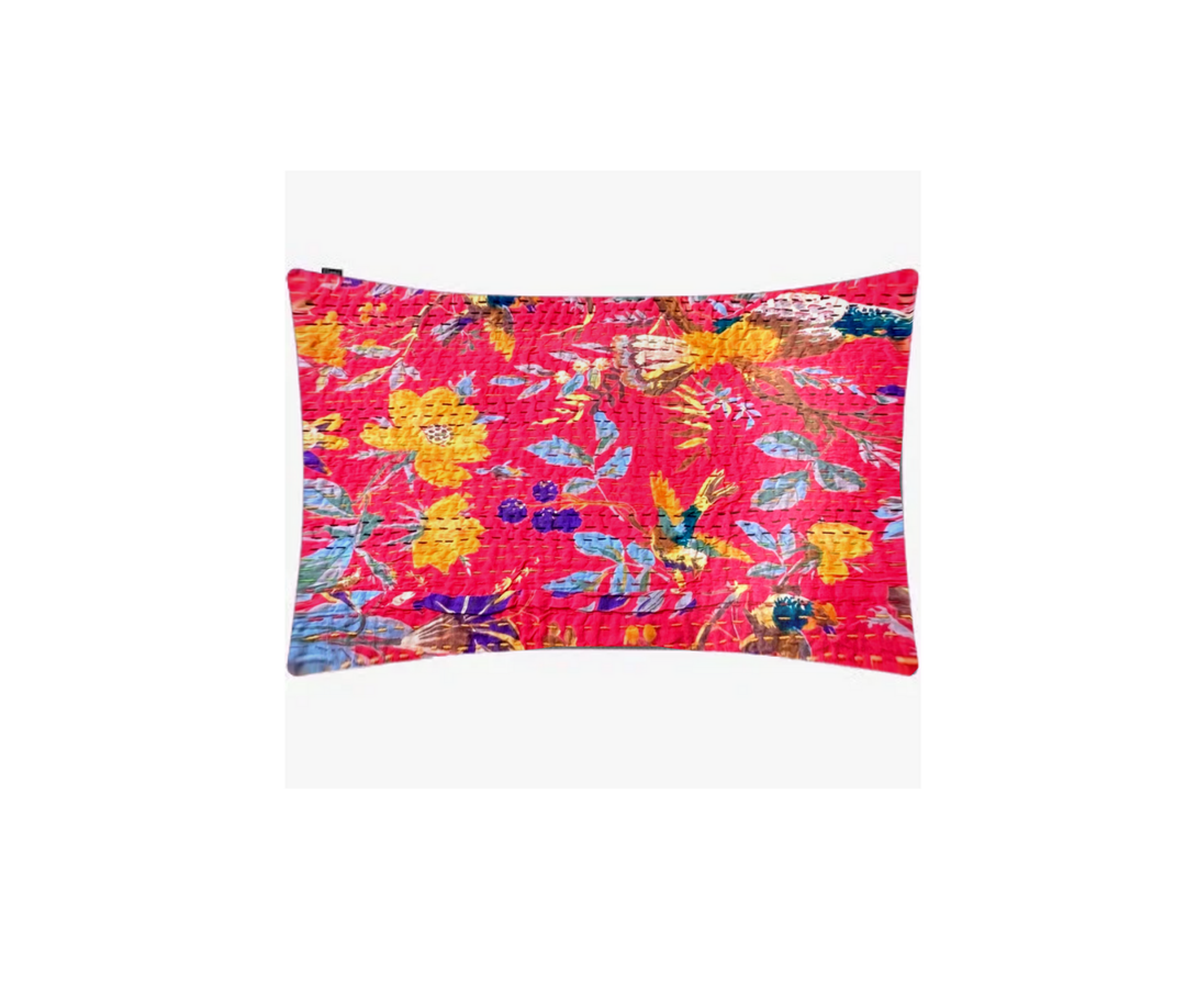 Bright red Kantha blanket with vibrant bird and floral embroidery on 100% cotton voile, handcrafted and lightweight.