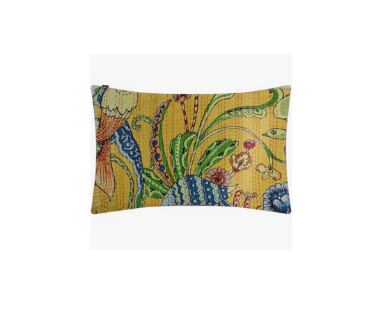Kantha Blanket decorative pillow with vibrant Bird of Paradise floral print, hand-stitched cotton voile textile from India