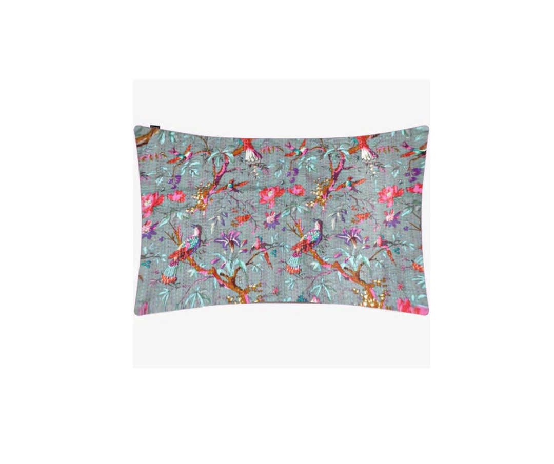 Kantha Blanket pillow sham with colorful bird and floral embroidery on gray cotton voile background