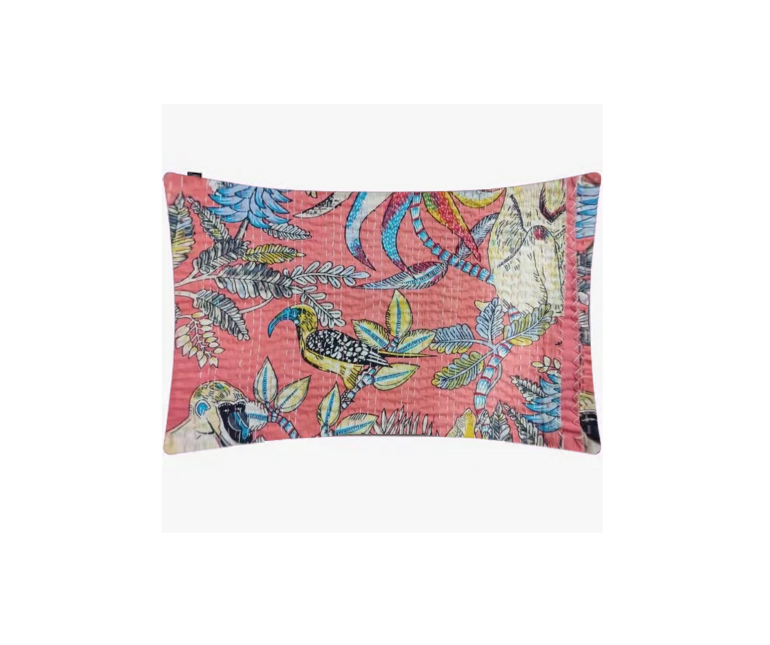 Handmade Kantha Blanket pillowcase with colorful monkey and bird print on pink cotton fabric