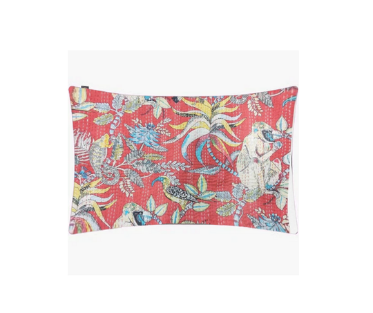 Kantha Blanket with colorful monkey print, handmade cotton quilt from India, lightweight and breathable textile.