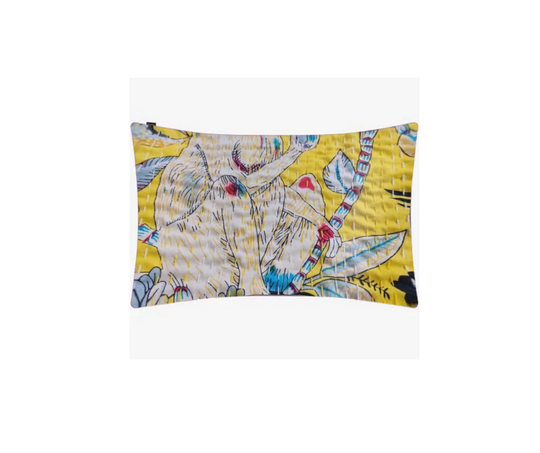 Yellow Kantha blanket pillow with hand-stitched monkey print on cotton fabric