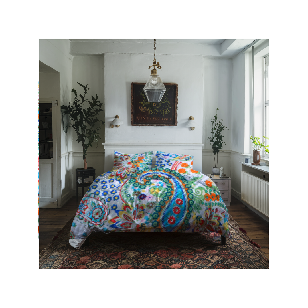 Bright colorful paisley Kantha blanket on bed in cozy bohemian bedroom setting with natural light