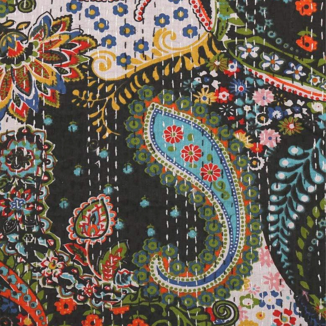 Paisley patterned Kantha blanket with hand-stitched embroidery in vibrant colors on lightweight cotton fabric.