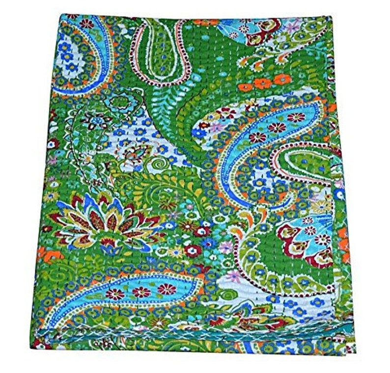 Green paisley patterned handmade cotton Kantha blanket set with quilt and pillowcase, lightweight and eco-friendly.
