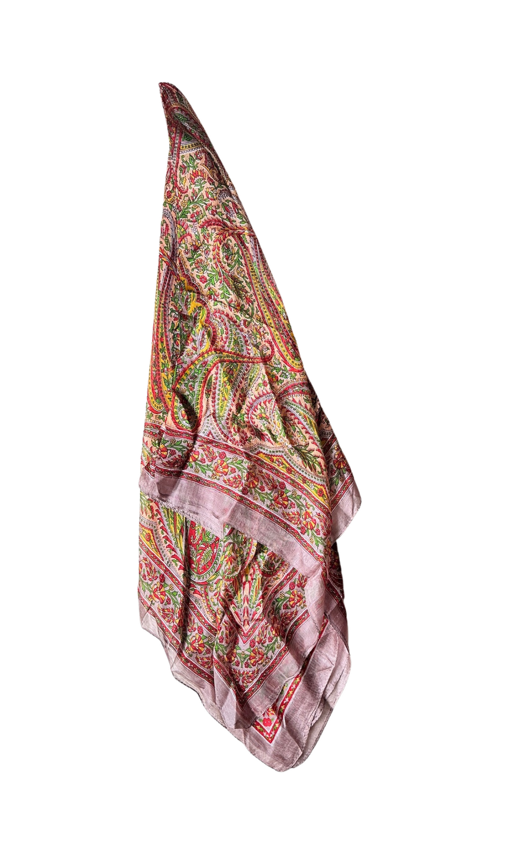 Lightweight hand-hemmed silk scarf with intricate colorful paisley pattern and soft texture