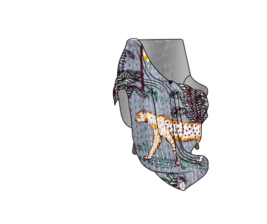 Hand-quilted Kantha Blanket Safari with animal print, lightweight 100% cotton voile, draped on a chair.