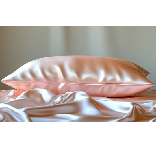 Luxurious peach Mulberry silk pillowcase with smooth, shiny texture on bed with matching silk sheet