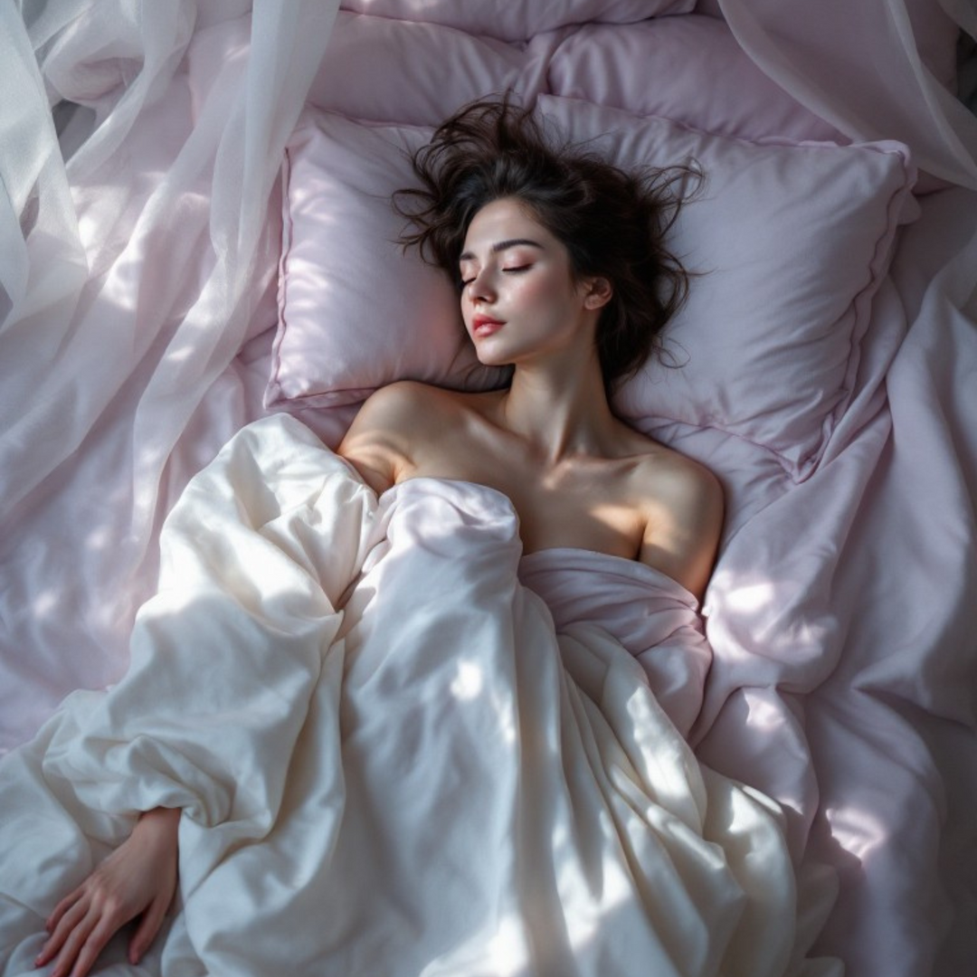 Woman sleeping peacefully on soft pink Mulberry Silk Pillowcases and white silk bedding in a bright bedroom