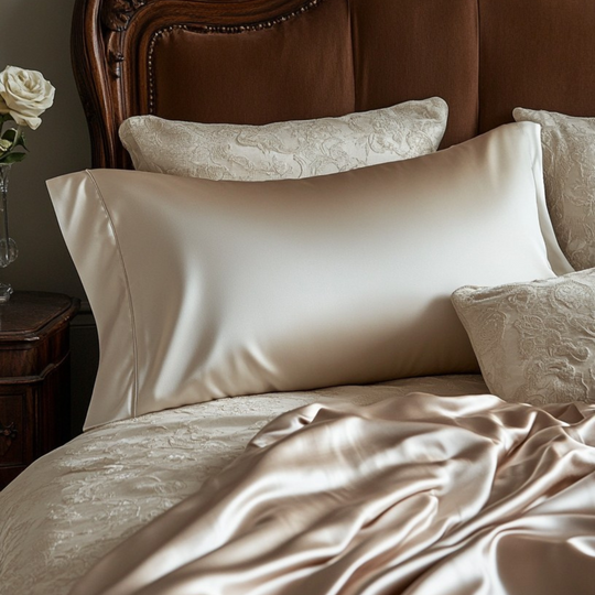 Elegant ivory Mulberry Silk Pillowcase on bed with textured cream cushions and satin sheets
