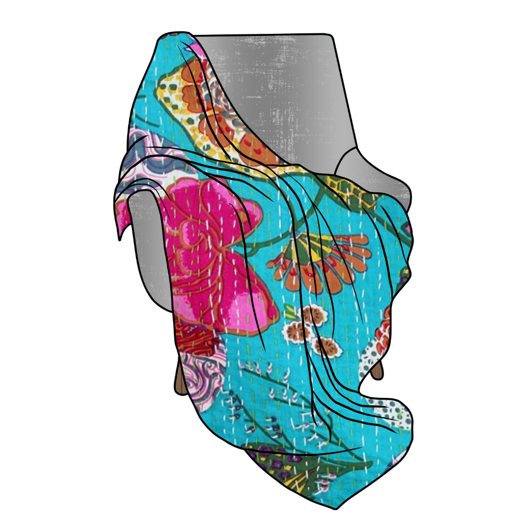 Colorful tropical kantha blanket draped over a gray chair, featuring hand-stitched floral patterns on lightweight cotton voile fabric.