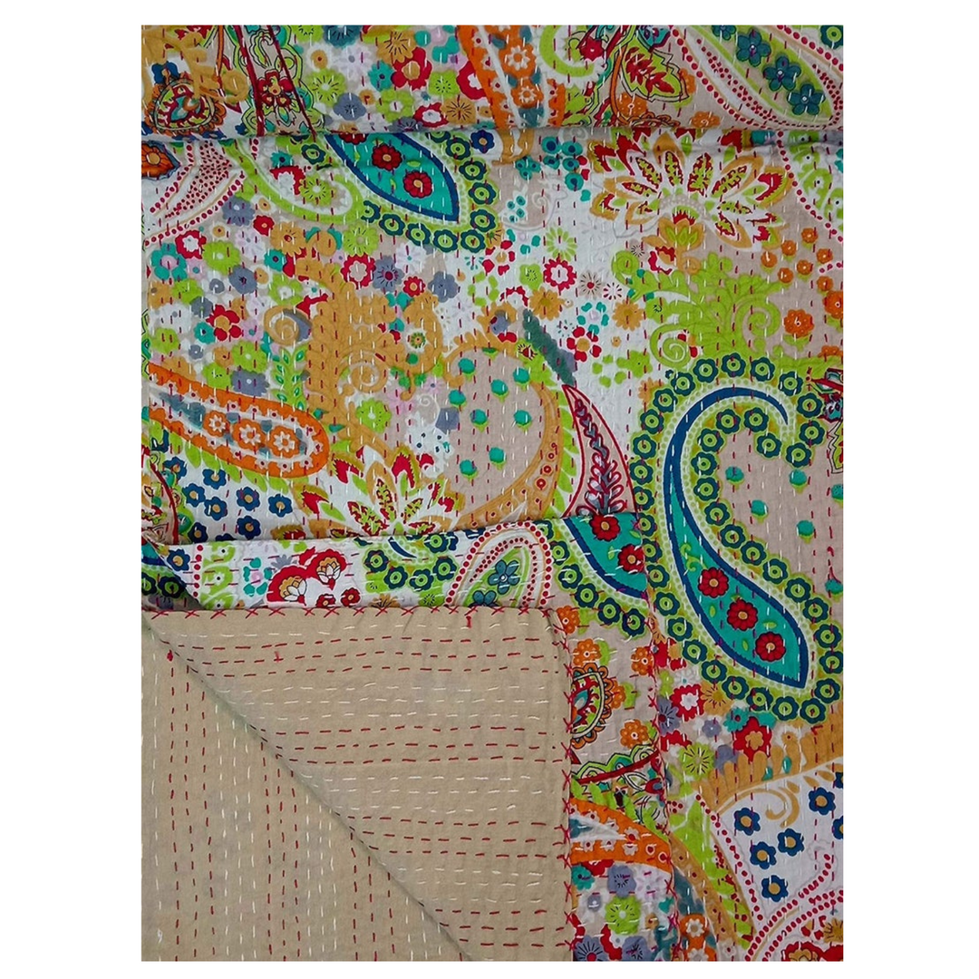 Hand-stitched cotton Kantha blanket set with colorful paisley print and solid reverse, lightweight and breathable quilt with pillowcase, eco-friendly and handmade in India.