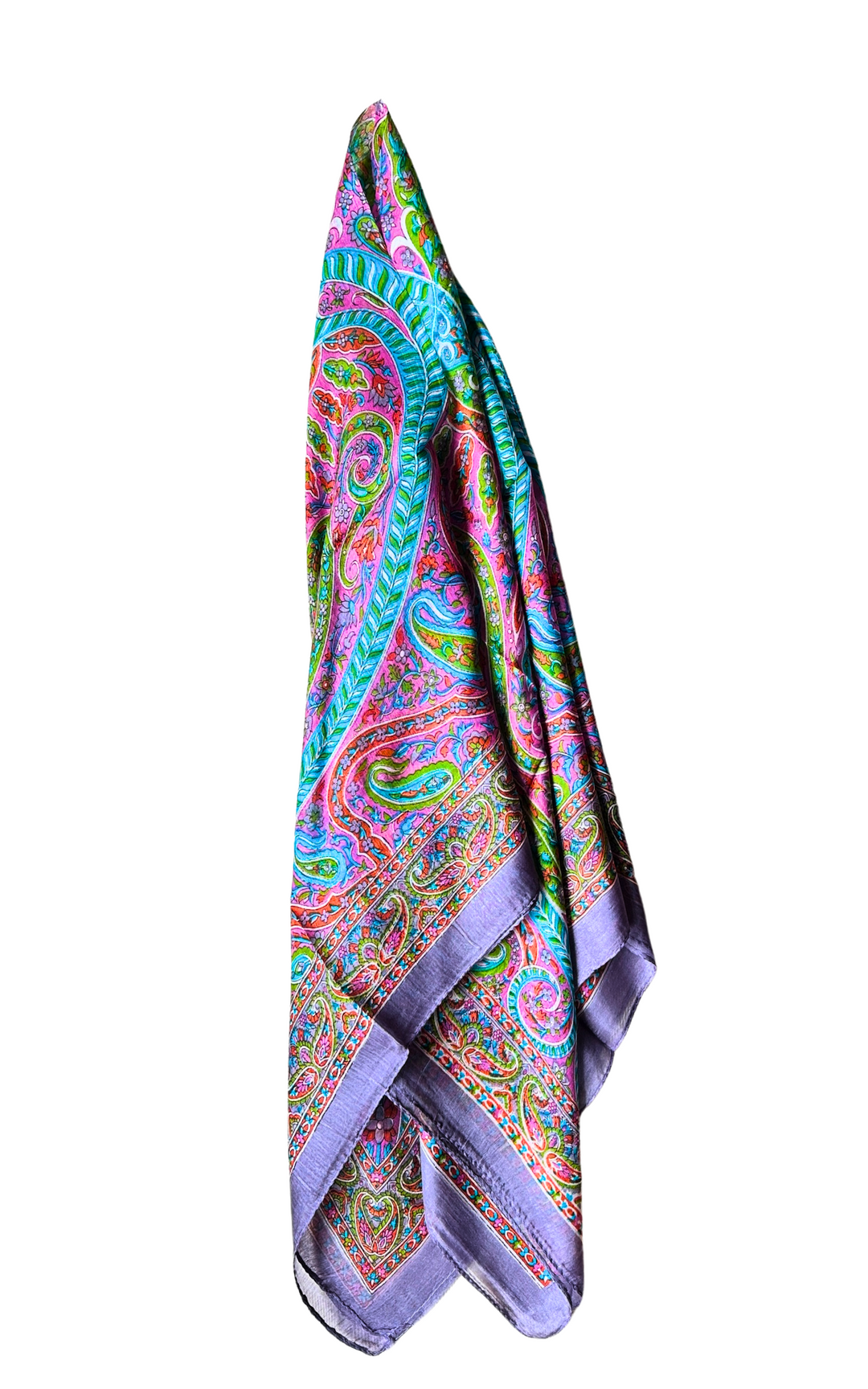 Hand-hemmed silk scarf with bright colors, lightweight and luxurious.