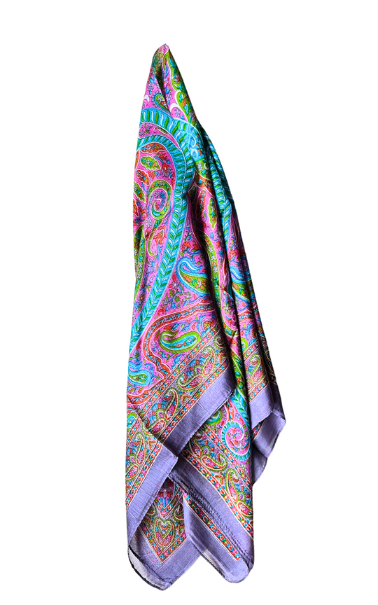 Hand-hemmed silk scarf with bright colors, lightweight and luxurious.