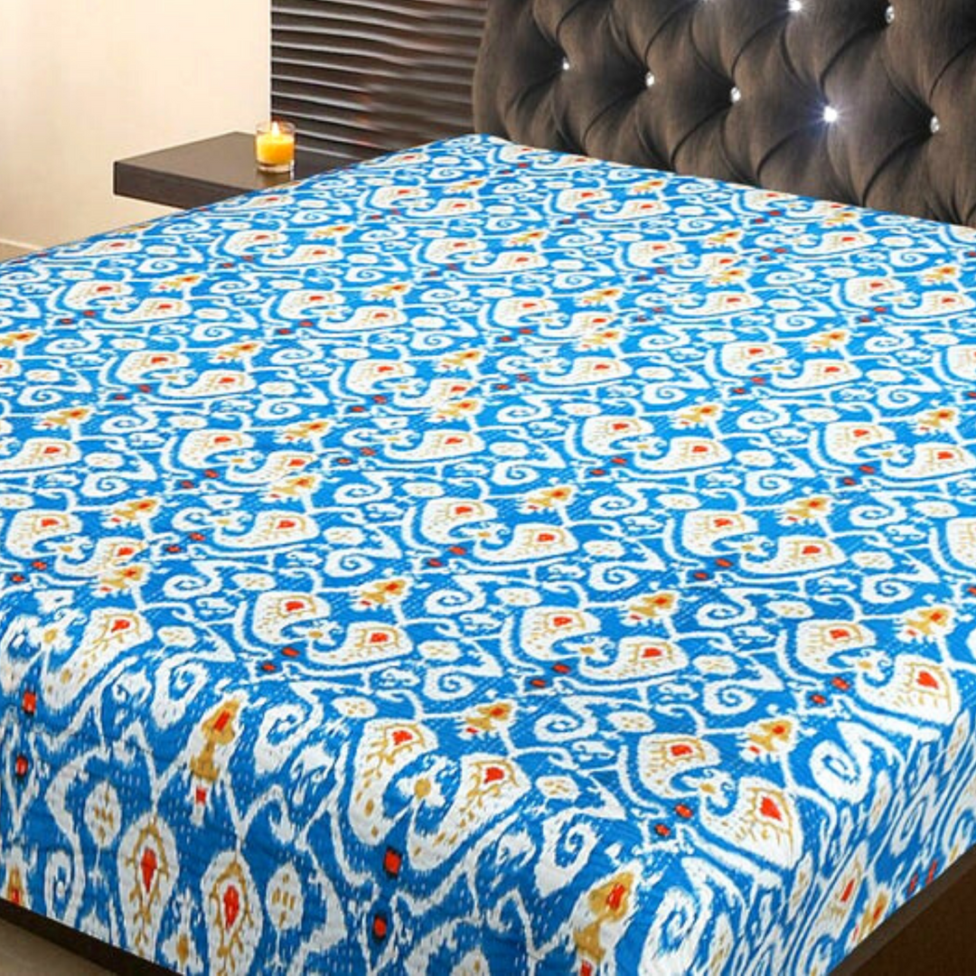 Blue ikat design Kantha blanket hand-stitched from 100% cotton voile, lightweight and breathable.