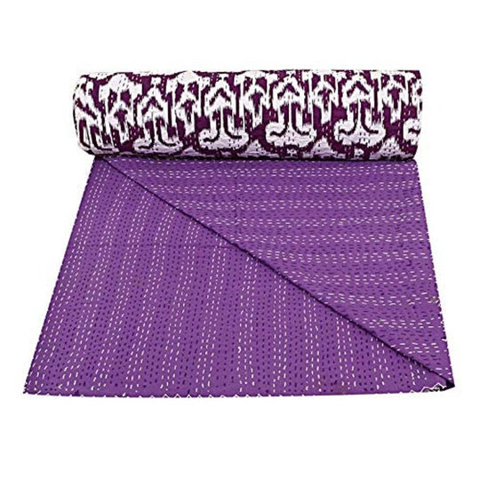 Purple Ikat design Kantha blanket quilt set handmade with 100% cotton voile, reversible with solid backing, lightweight and breathable.
