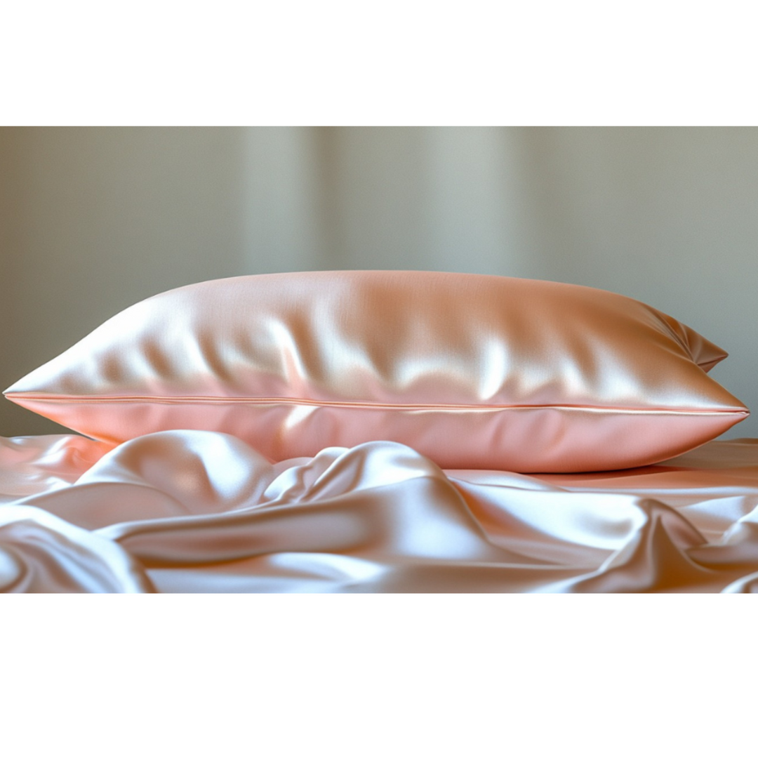 Luxurious peach mulberry silk pillowcase with matching silk bedsheet on beige background