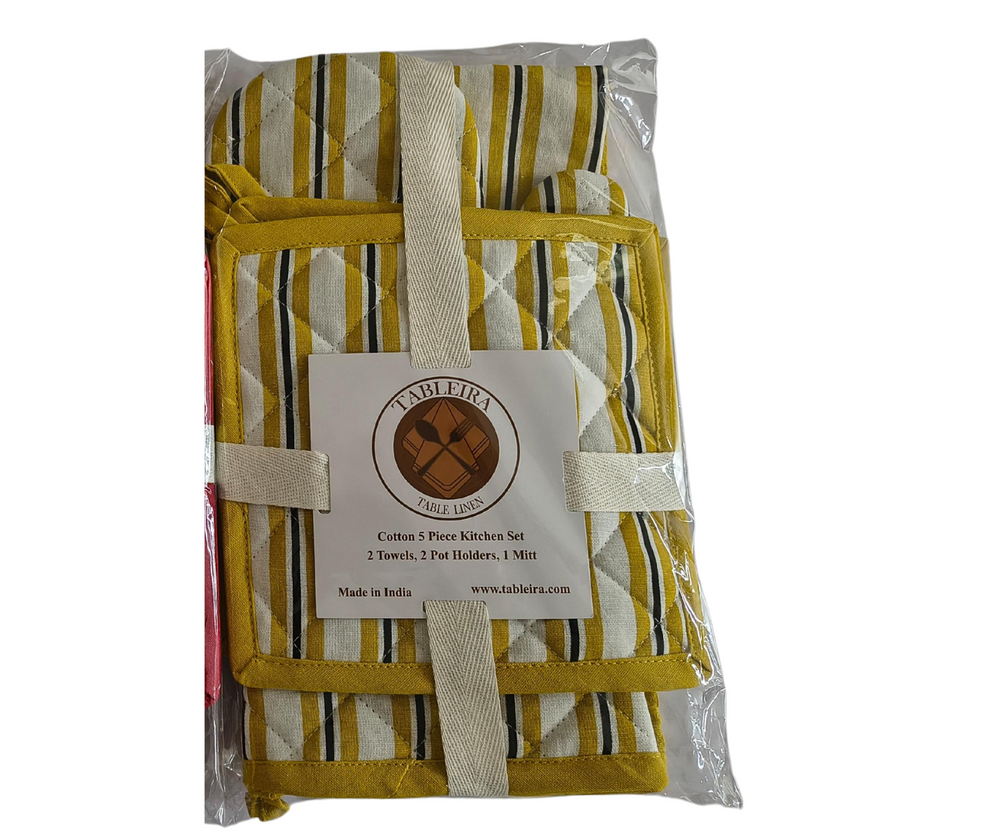 yellow and white striped cotton table linen kitchen set with mitt, pot holders, and towels packaged in clear plastic