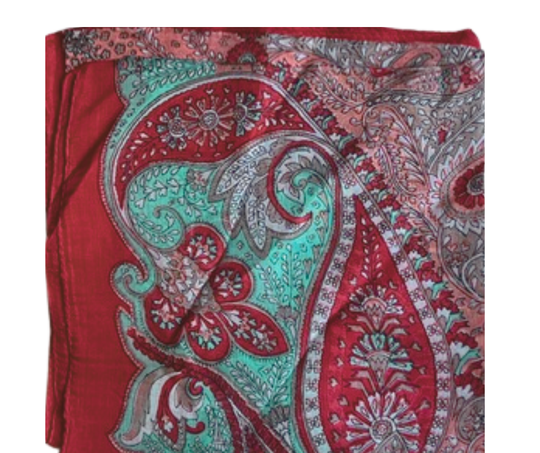 Hand-hemmed lightweight silk scarf with red and turquoise paisley design, luxurious and elegant accessory
