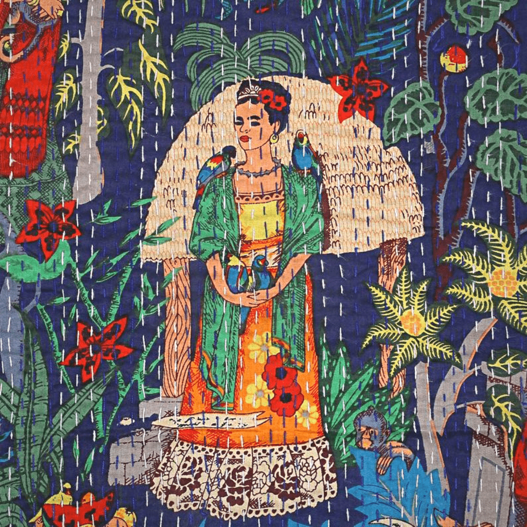 Indian Frida Kahlo Portraits Pink store Fabric Quilt~ Frida Kahlo Collection Fabrics Kantha Quilts, 100% Cotton